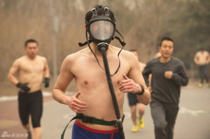 Naked joggers wearing masks in Beijing